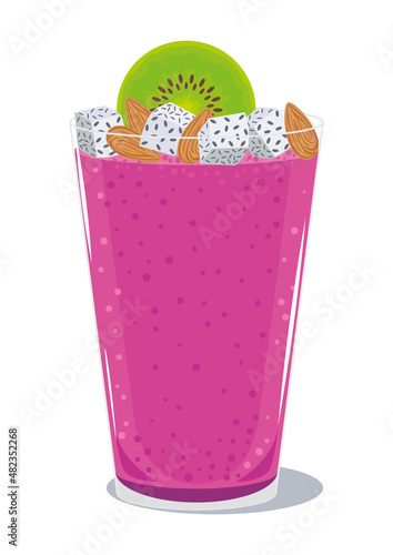 Dragon fruit smoothie decorated with almond nuts and kiwi in a glass. Exotic yummy milkshake, summer healthy refreshment, cold tropical drink. Vector illustration, icon, simbol, object isolated