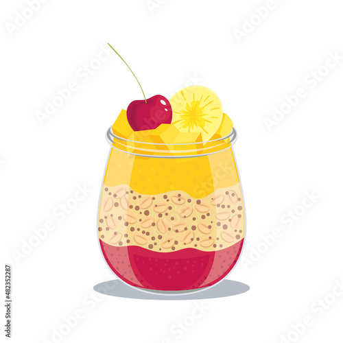 Mango cherry pudding layered with mix of oatmeal, chia seeds and coconut milk. Healthy milky fruity snack decorated with mango, banana and cherry. Vector illustration, object, icon, simbol isolated