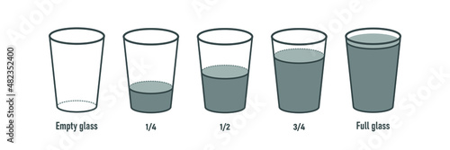 Volum of glasses empty half full quarter. Bulk fractions. Vector