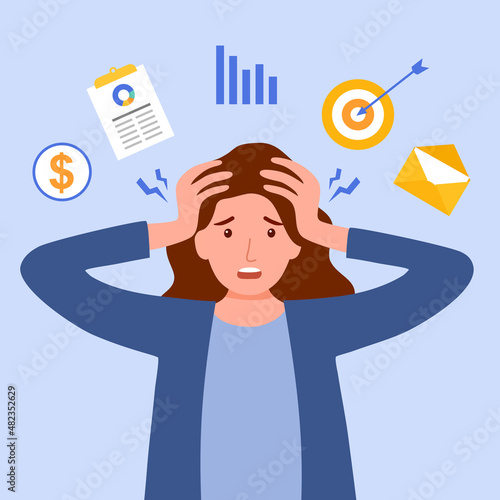 Businesswoman work hard and worrying about work problems at office in flat design. Company employee working with stress.