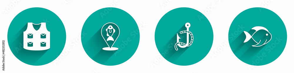 Set Fishing jacket, Location fishing, hook and worm and icon with long shadow. Vector
