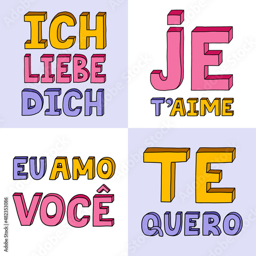 I love you in different languages, in German, French, Spanish, Portuguese. Vector bold, trendy lettering with hand drawn outline in bright colors. Retro lettering on Valentine's day. Color doodle. photo