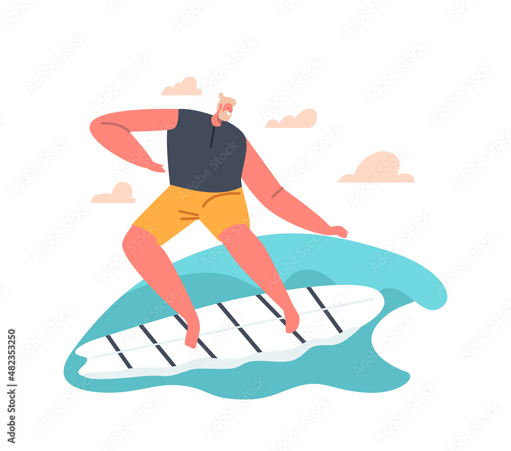 Young Man Surfer in Swim Wear Keep Balance on Board Riding Big Sea Wave. Character Summertime Active Lifestyle