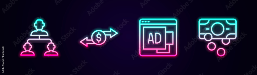 Set line Employee hierarchy, Money exchange, Advertising and Stacks paper money cash. Glowing neon icon. Vector Set line Employee hierarchy, Money exchange, Advertising and Stacks paper money cash. Glowing neon icon. Vector