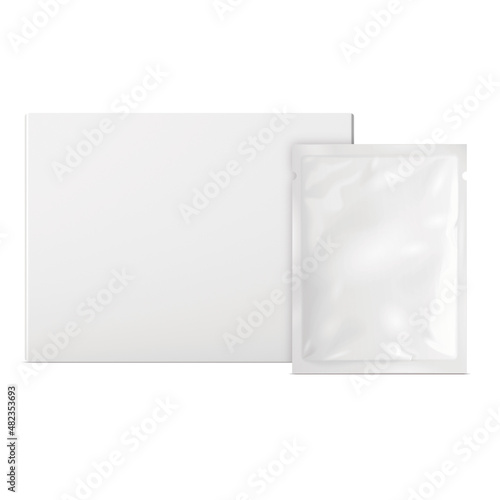 Packaging for wet and dry wipes, cosmetic masks, samples of cosmetics and other products on the background of a white cardboard box. The image is isolated on a white background.