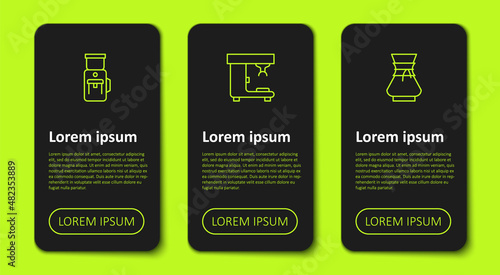 Set line Electric coffee grinder, Coffee machine and Pour over maker. Business infographic template. Vector