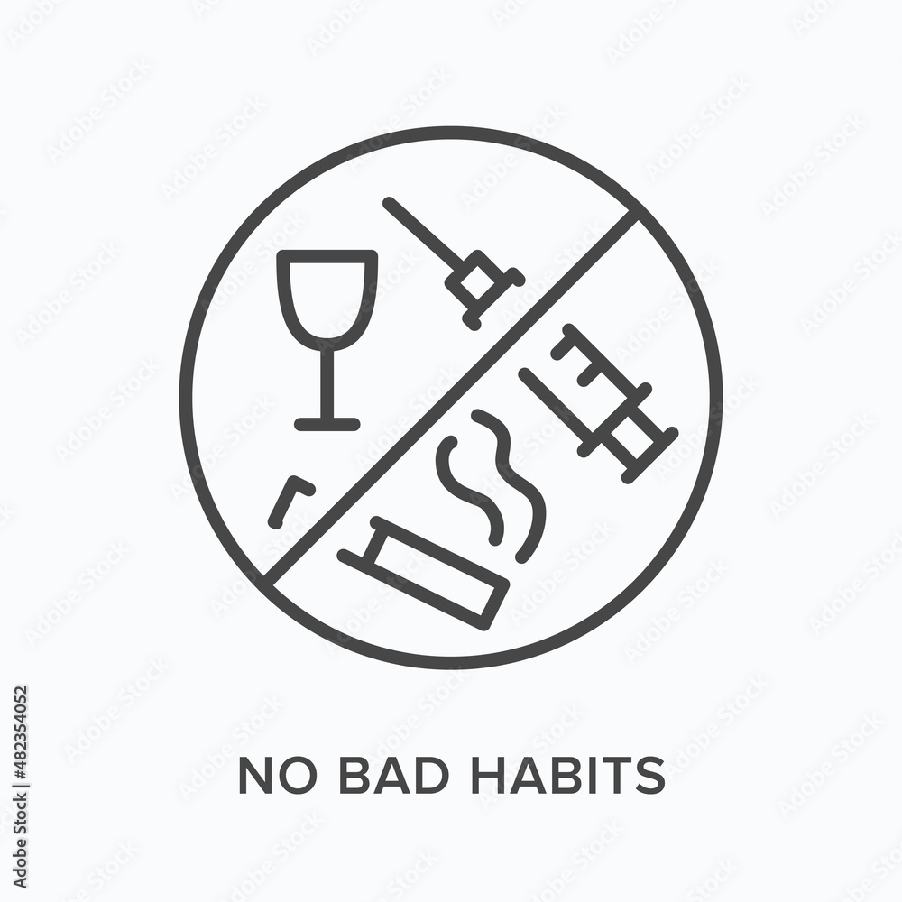 No bad habits flat line icon. Vector outline illustration of drug, alcohol and smoking prohibition. Black thin linear pictogram for addictions