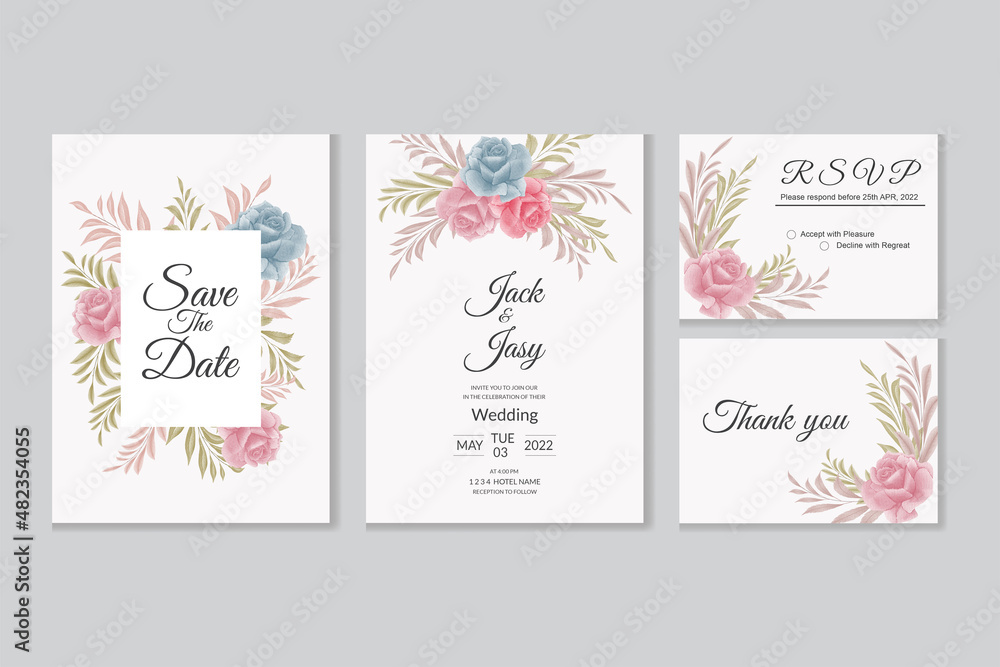 Watercolor Wedding invitation card with beautiful blooming floral set
