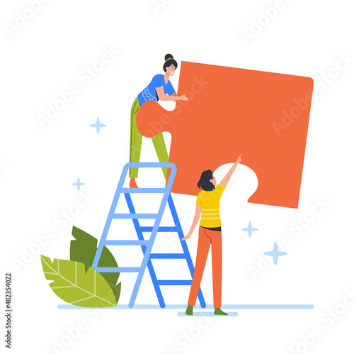 Teamwork and Collaboration Concept. Tiny People with Huge Puzzle Piece Stand on Ladder Trying to Find Solution Together