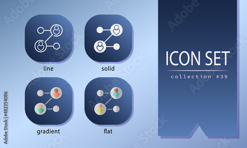People inside circles and connection signs. Team, community, partnership symbols in flat, gradient, solid and line styles. Business infographic icons for UI design, mobile apps, social network.