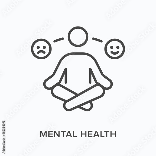 Mental health flat line icon. Vector outline illustration of sitting person. Black thin linear pictogram for psychology prevention