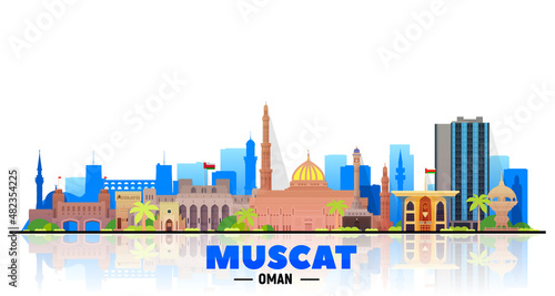 Muscat (Oman) city skyline vector at white background. Flat vector illustration. Business travel and tourism concept with modern buildings. Image for banner or website.