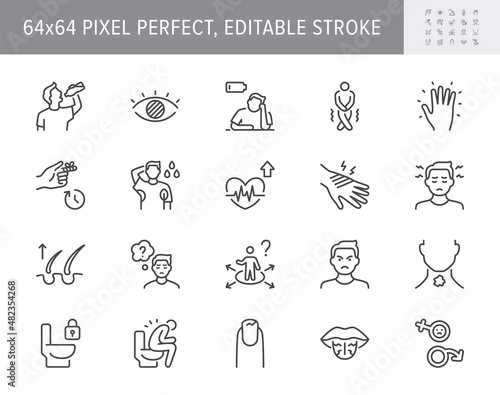 Diabetes symptoms line icons. Vector illustration include icon - sexual loss, diarrhea, disorientation, depression outline pictogram for endocrinology problems. 64x64 Pixel Perfect, Editable Stroke