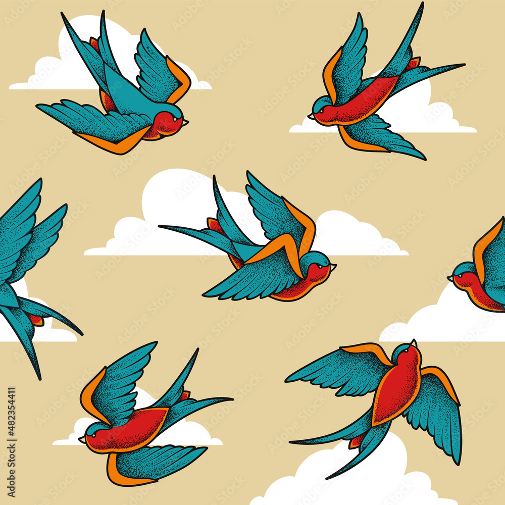 Obraz premium Swallow Birds Seamless Pattern