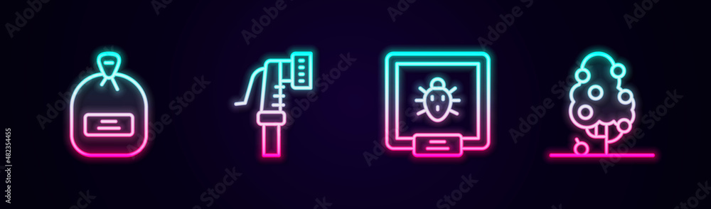 Set line Pack full of seeds, Garden hose, Colorado beetle and Fruit tree. Glowing neon icon. Vector Set line Pack full of seeds, Garden hose, Colorado beetle and Fruit tree. Glowing neon icon. Vector
