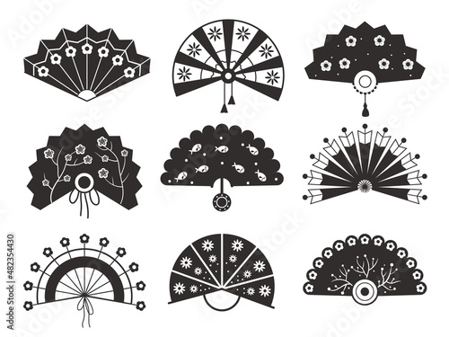 Black paper fans. Vintage chinese monochrome silhouettes, different shapes, decorative traditional souvenirs, beautiful asian folding tools, japanese geisha attributes, vector isolated set