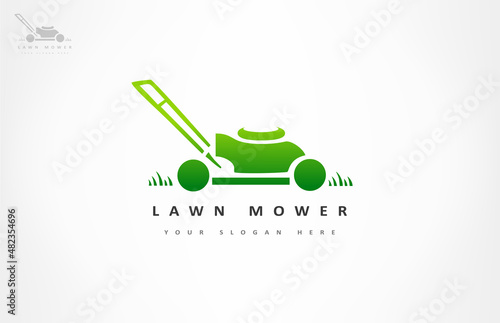 Lawn mower and grass logo vector design. Gardening equipment.