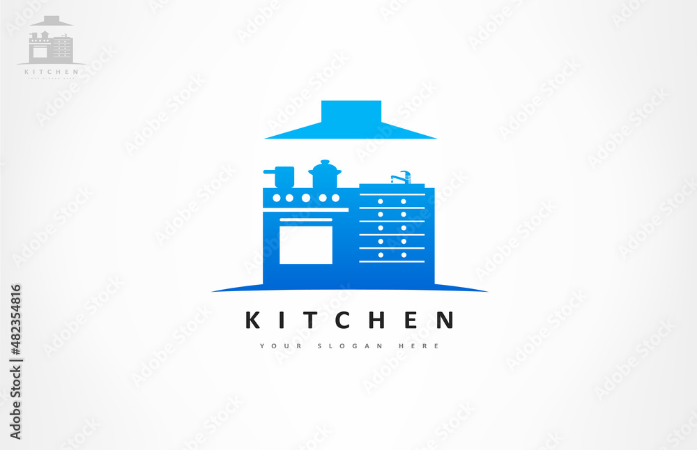 Kitchen logo vector. Cooker with oven, extractor hood and dishes.