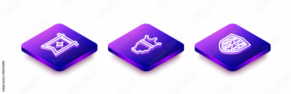 Set Isometric line Medieval flag, King crown and Shield icon. Vector Set Isometric line Medieval flag, King crown and Shield icon. Vector