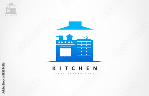Kitchen logo vector. Cooker with oven, extractor hood and dishes.