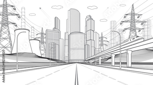 Wide highway, train rides. Modern town at background. Thermal power plant. Black outlines infrastructure and Industial illustration, urban scene. Vector design art 