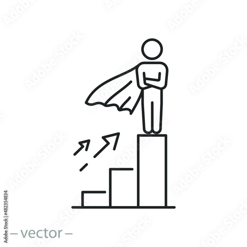 business authority career icon, superhero success work, stairs employee grow, strong leader, thin line symbol on white background - editable stroke vector illustration