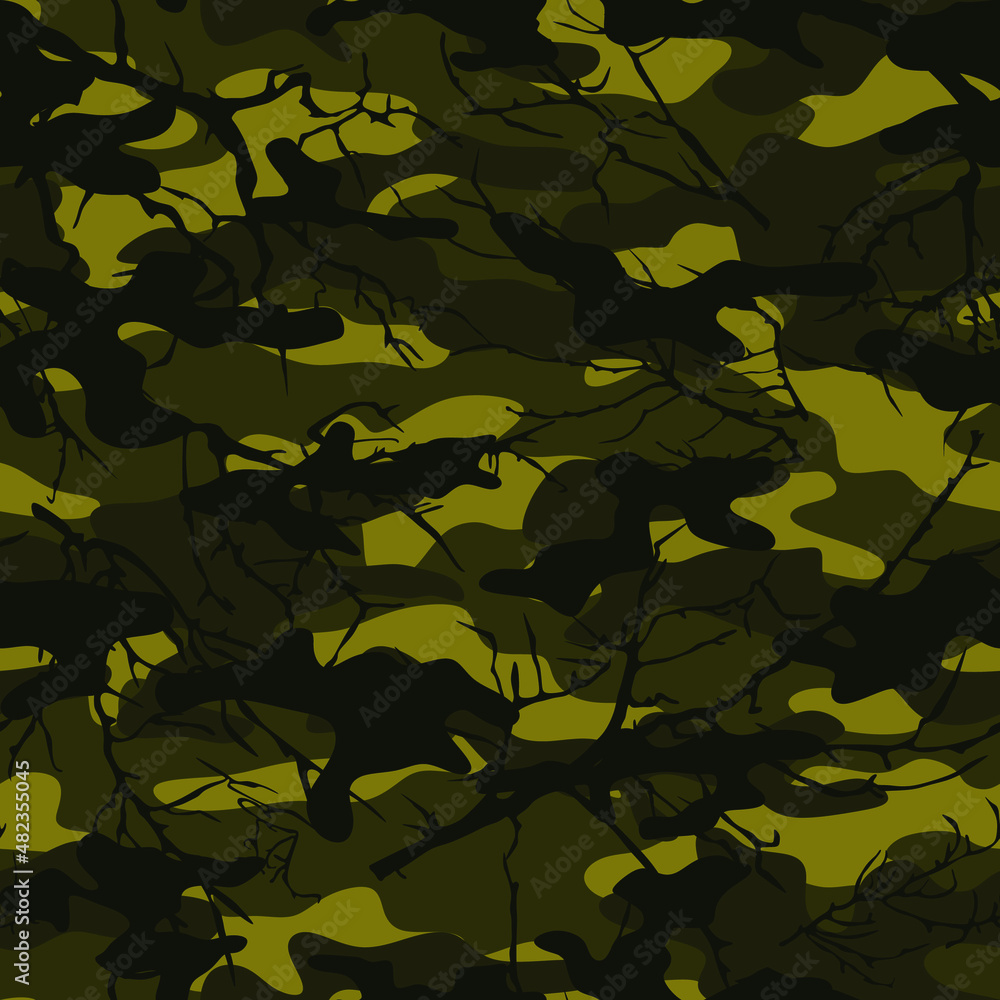 Camouflage with branches. Forest print, nature, outdoor activities.
