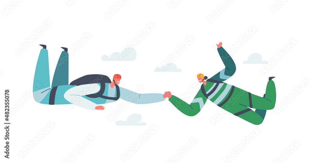 Parachute Jumping Extreme Activities, Skydiver Recreation. Male and Female Parachutist Characters Holding Hands in Air Parachute Jumping Extreme Activities, Skydiver Recreation. Male and Female Parachutist Characters Holding Hands in Air