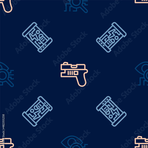 Set line Eye scan, Cryogenic capsules and Futuristic weapon on seamless pattern. Vector