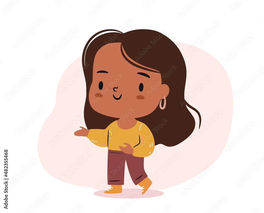 Cute chibi girl character pointing at something. African American cartoon woman Cute chibi girl character pointing at something. African American cartoon woman
