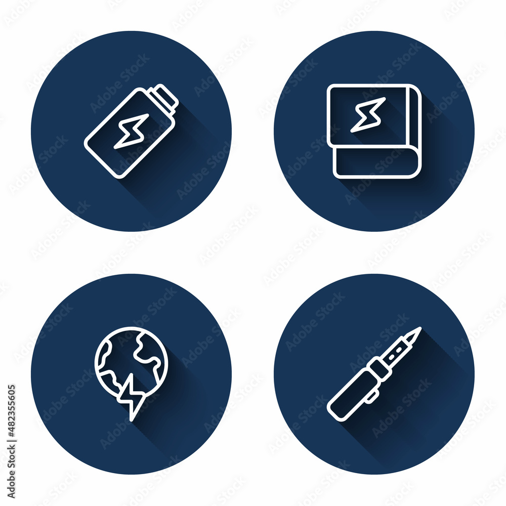 Set line Battery charge, Book about electricity, Global planet with thunderbolt and Soldering iron with long shadow. Blue circle button. Vector Set line Battery charge, Book about electricity, Global planet with thunderbolt and Soldering iron with long shadow. Blue circle button. Vector