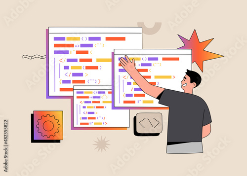 Programmer developer writes codes on special language on computer. Software, script coding, web engineering. Hand drawn vector illustration isolated on light background. Modern flat cartoon style.
