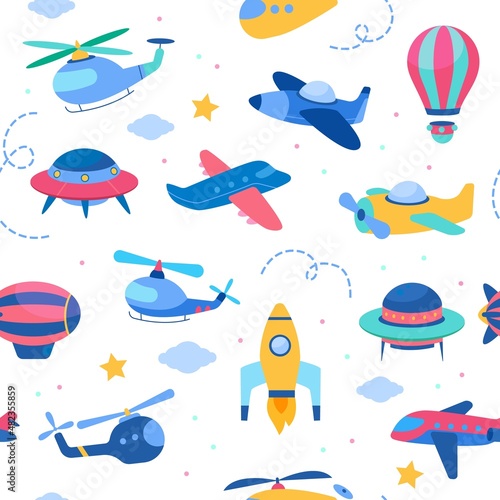 Kids air transport seamless pattern. Aeroplanes and rockets, helicopters and ufos, cute childish design, boys nursery theme, white background. Decor textile, wrapping paper, vector print