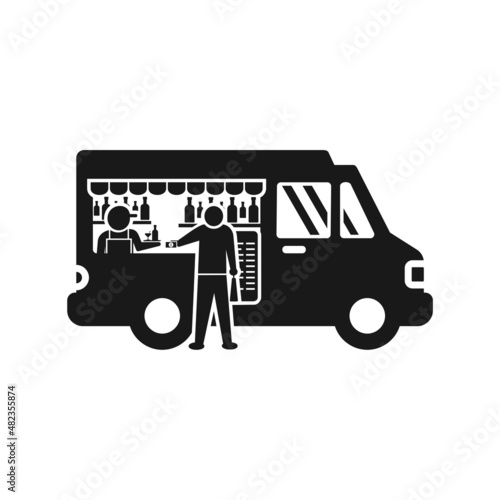 illustration of people selling in food truck market, man selling drinks to customers.