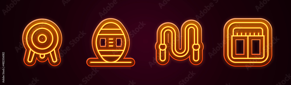 Set line Target sport, American Football ball, Jump rope and Sport mechanical scoreboard. Glowing neon icon. Vector