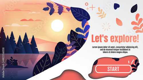 Evening or morning landscape with forest, river and hills. Design for greeting or business card, poster, postcard, magazine, book cover, brochure, flyer, banner, layout, presentation, template.