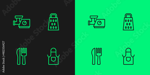 Set line Kitchen apron, Crossed knife and fork, meat grinder and Grater icon. Vector