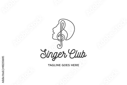Singer Vocal Karaoke Choir with Music Notes Treble Clef Singing Man Face Silhouette Logo Design Vector