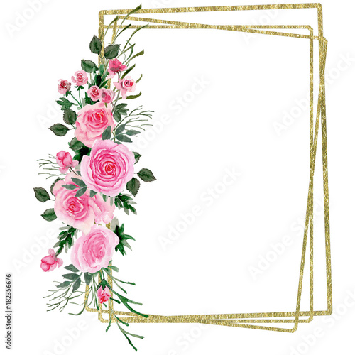 Abstract gold glitter Rectangle Frame and Pink Roses, Watercolor geometry Floral Frame, Flower composition, Hand Painted Illustration, Gold Foliage Clipart for wedding design, invitation, greeting