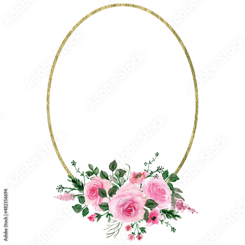 Oval Flower composition wreath, Abstract gold glitter frame and Pink Roses, Watercolor geometry Floral Frame, Hand Painted Illustration, Gold Foliage Clipart for wedding design, invitation, greeting
