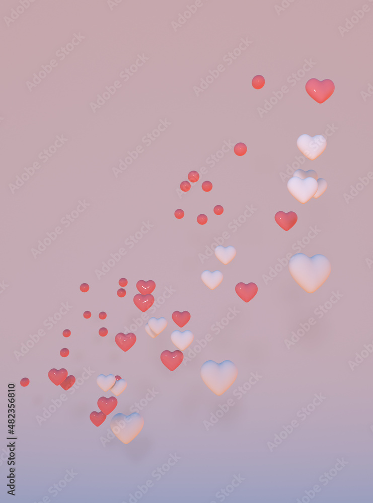 3D red pink flying hearts on pastel background. Romantic symbol of love for Happy Women's, Mother's, Valentine's Day greeting card design.