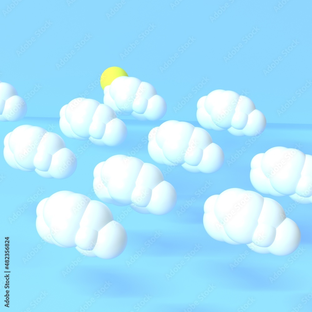 White funny clouds on blue background with shadows and sun. 3D render.
