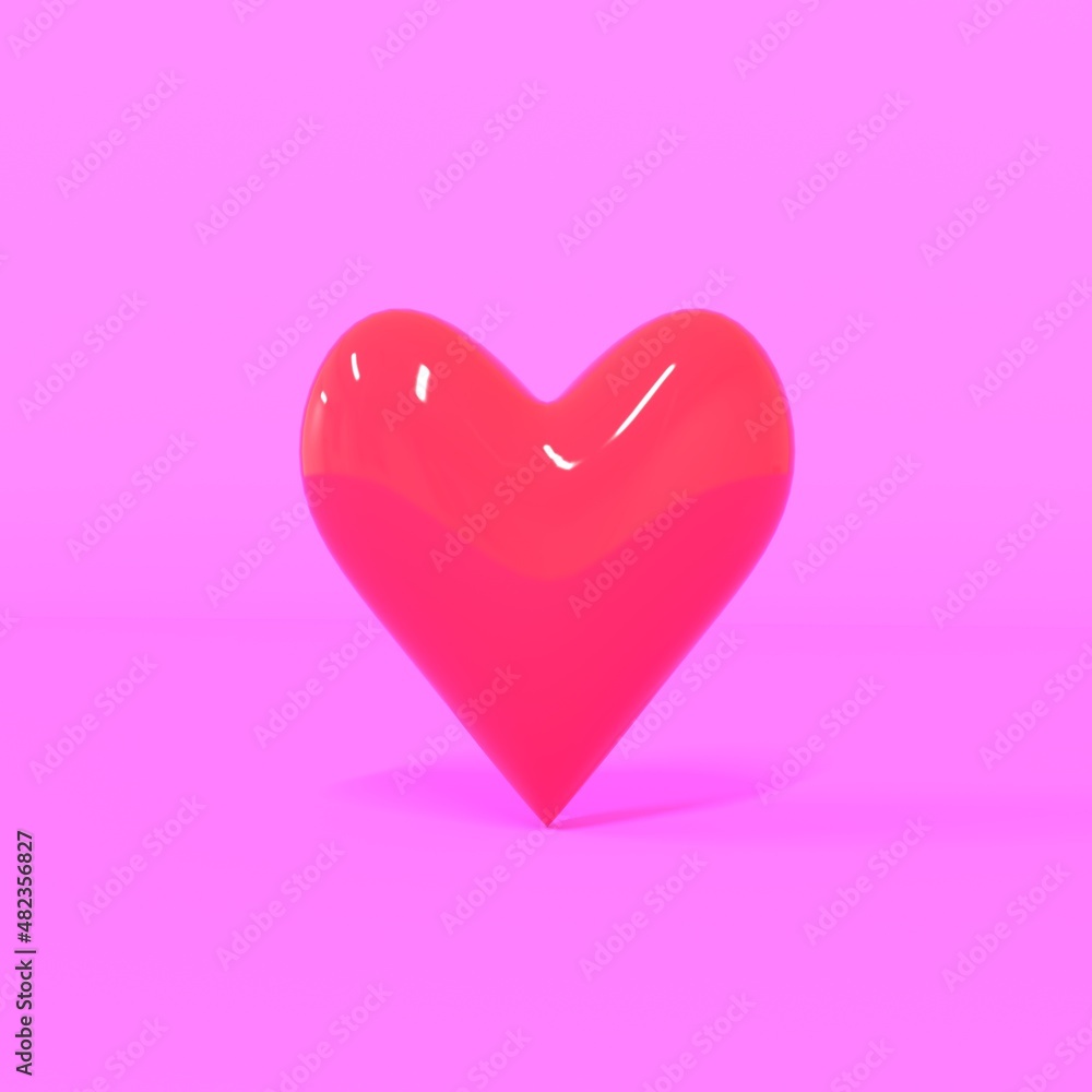 Red heart isolated on pink background with shadow. 3D render. Happy Valentine's day.