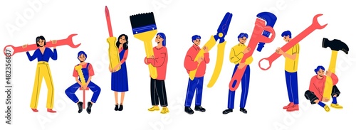Tiny people hold tools. Small repairmens men and women, professional workers characters with huge repair items, persons hold hammer, wrench, calipers and pliers, vector isolated set