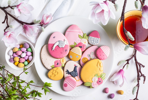 Canvas Print Handmade Easter gingerbread cookies and chocolate eggs.