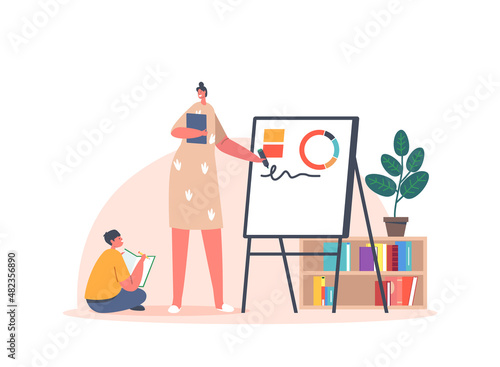 Domestic Schooling, Family Education. Mom and Little Boy Characters Learning Lesson Together, Prepare for School