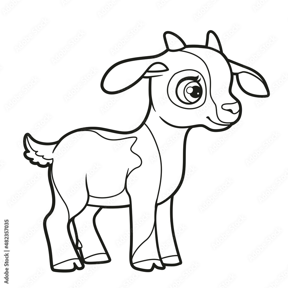 Cute cartoon little spotted goatling outlined for coloring page on white background