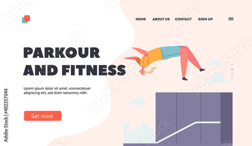 Extreme Parkour and Fitness Stunts Landing Page Template. Young Woman Making Trick Jump from Parapet over the Back