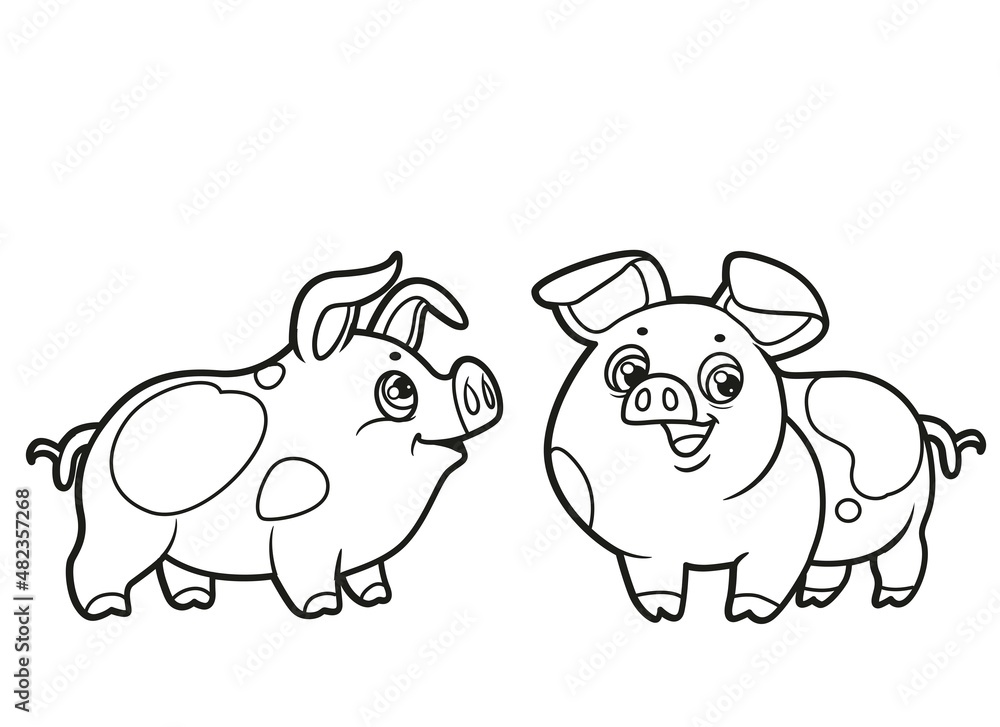 Obraz premium Cute cartoon two pigs outlined for coloring book on white background