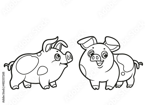 Cute cartoon two pigs outlined for coloring book on white background